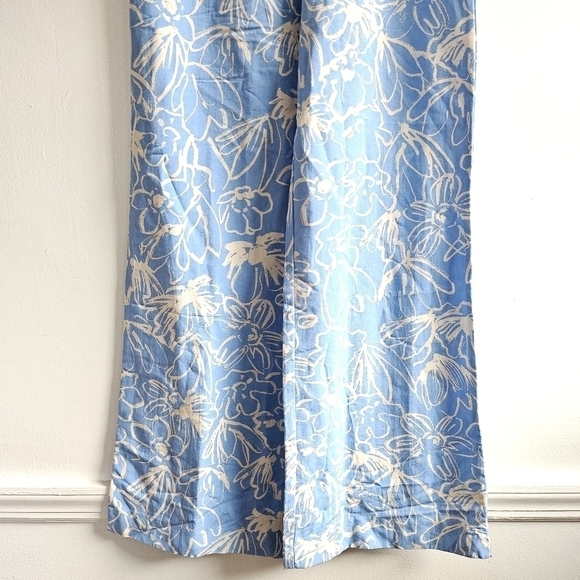 New Zara Full Length Floral Linen Blend High Waisted Blue/White Pants NWT Small - Picture 12 of 15